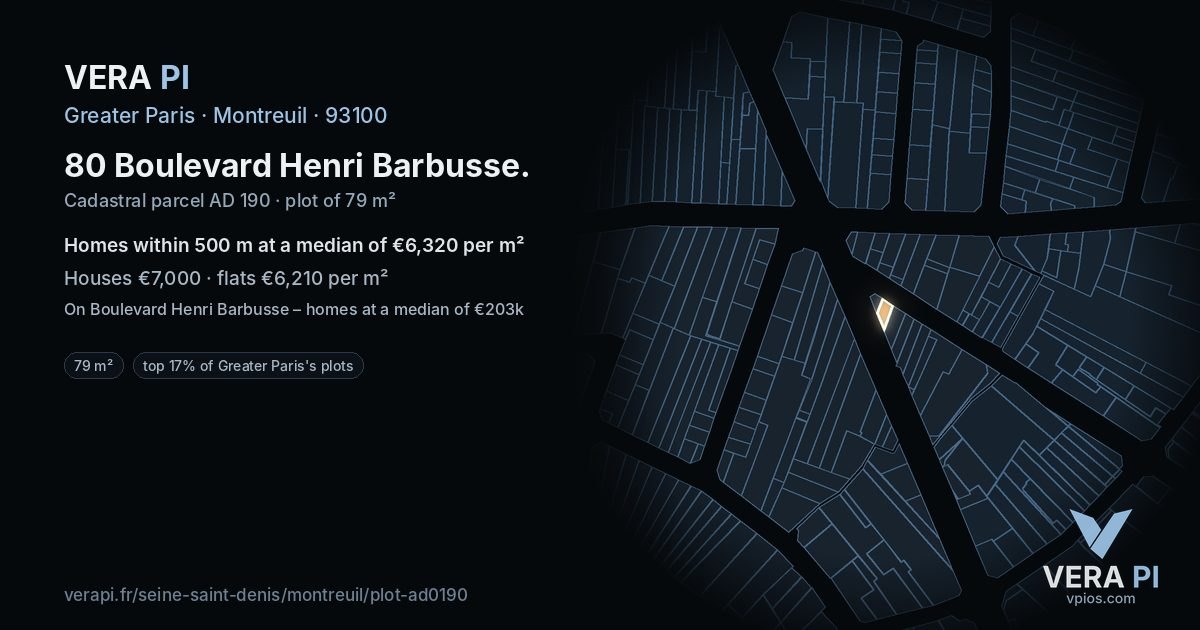 80 Boulevard Henri Barbusse, Montreuil at night – the plot lit, the parcels around coloured by the prices near them