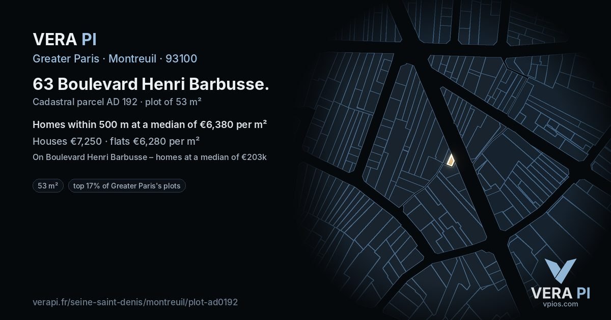 63 Boulevard Henri Barbusse, Montreuil at night – the plot lit, the parcels around coloured by the prices near them