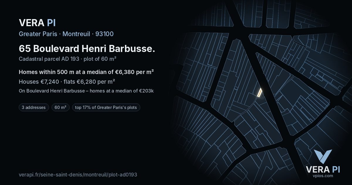 65 Boulevard Henri Barbusse, Montreuil at night – the plot lit, the parcels around coloured by the prices near them