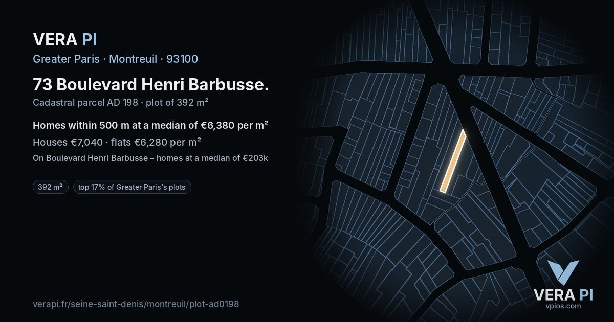 73 Boulevard Henri Barbusse, Montreuil at night – the plot lit, the parcels around coloured by the prices near them