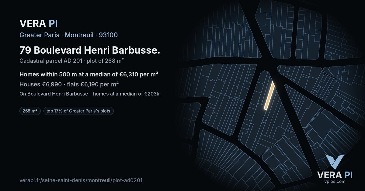 79 Boulevard Henri Barbusse, Montreuil at night – the plot lit, the parcels around coloured by the prices near them