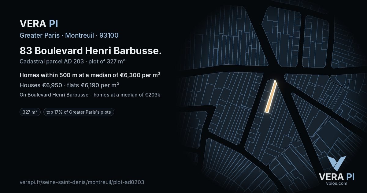 83 Boulevard Henri Barbusse, Montreuil at night – the plot lit, the parcels around coloured by the prices near them