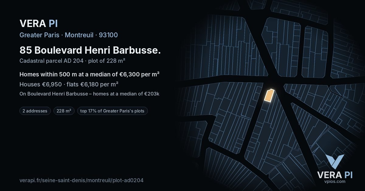 85 Boulevard Henri Barbusse, Montreuil at night – the plot lit, the parcels around coloured by the prices near them