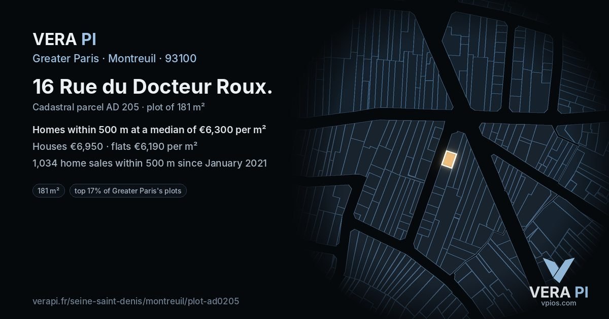 16 Rue du Docteur Roux, Montreuil at night – the plot lit, the parcels around coloured by the prices near them