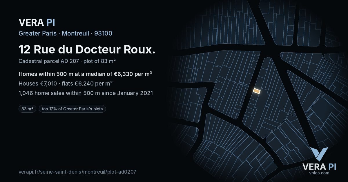 12 Rue du Docteur Roux, Montreuil at night – the plot lit, the parcels around coloured by the prices near them
