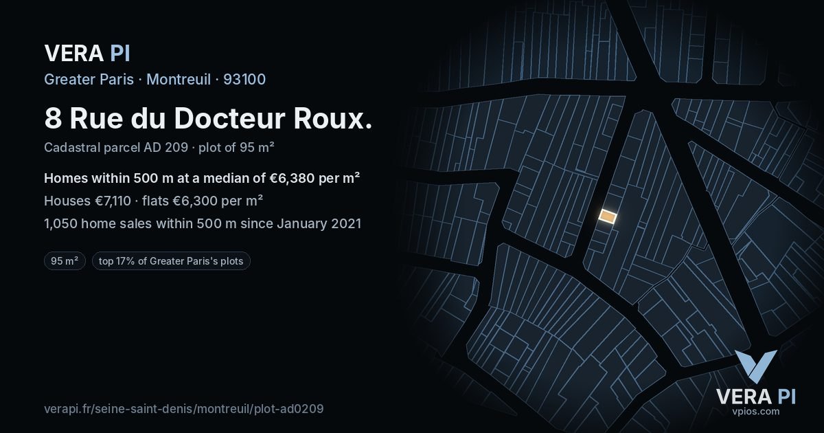 8 Rue du Docteur Roux, Montreuil at night – the plot lit, the parcels around coloured by the prices near them