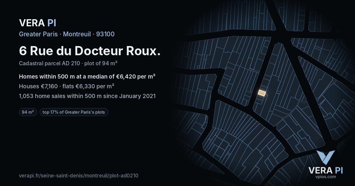 6 Rue du Docteur Roux, Montreuil at night – the plot lit, the parcels around coloured by the prices near them