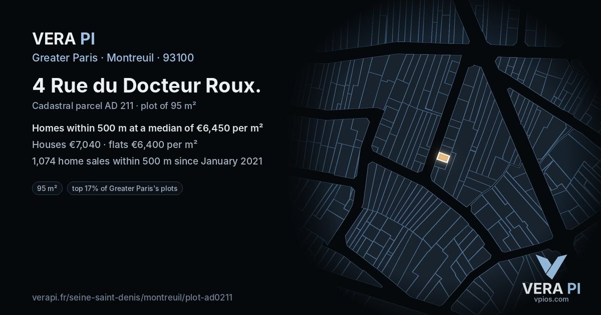 4 Rue du Docteur Roux, Montreuil at night – the plot lit, the parcels around coloured by the prices near them