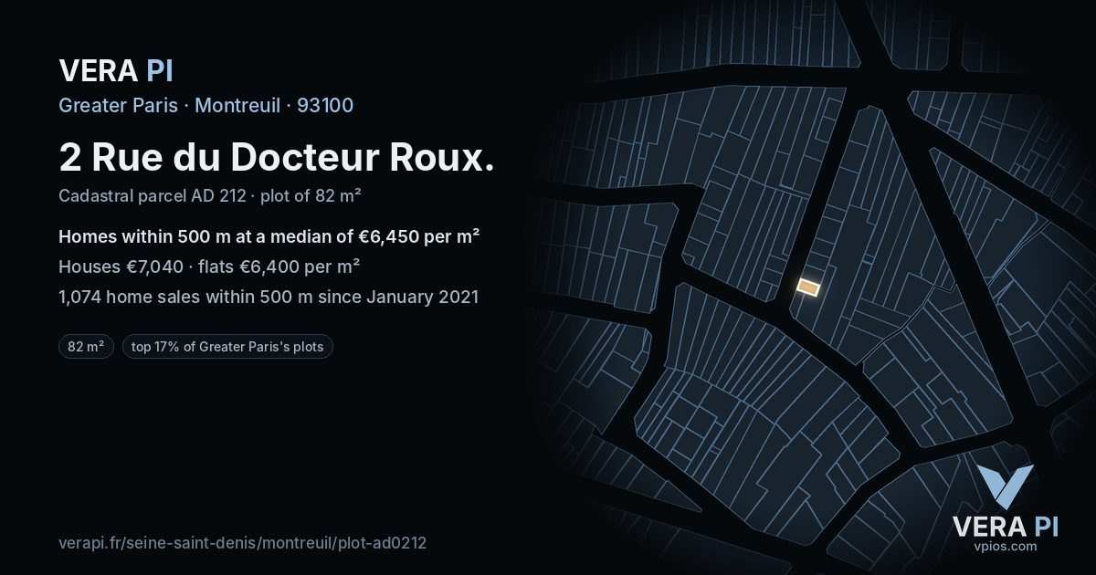 2 Rue du Docteur Roux, Montreuil at night – the plot lit, the parcels around coloured by the prices near them