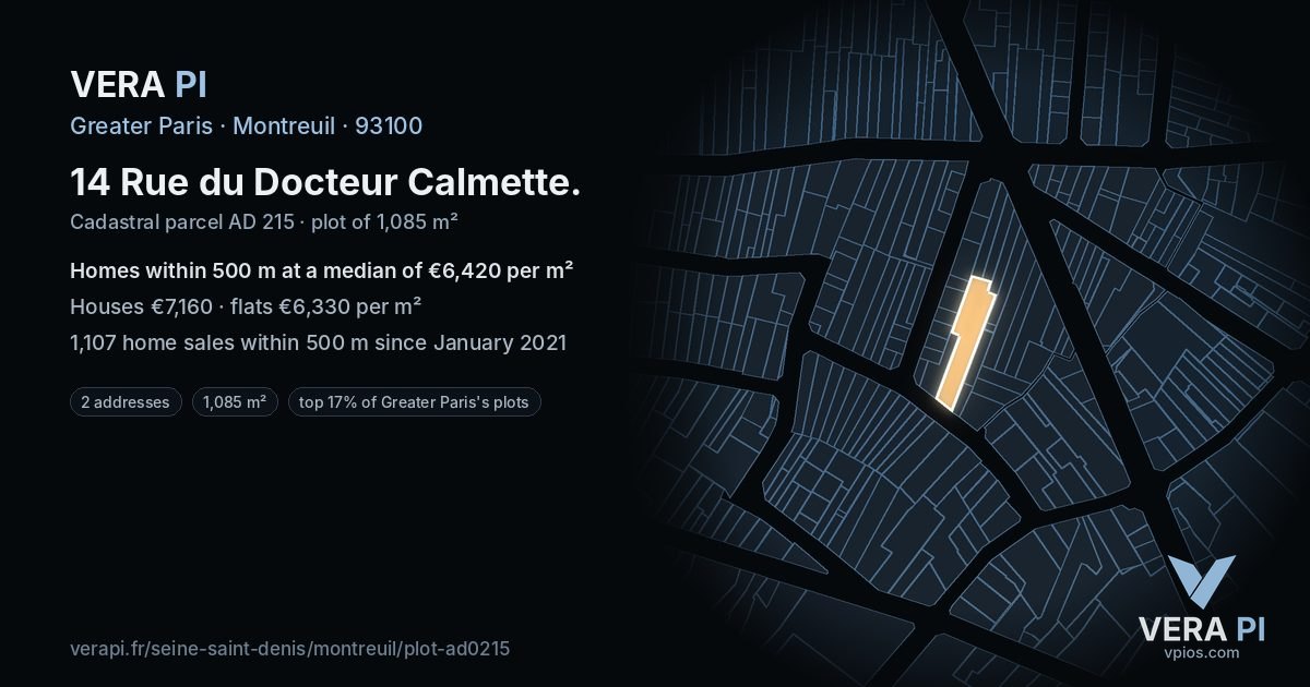 14 Rue du Docteur Calmette, Montreuil at night – the plot lit, the parcels around coloured by the prices near them