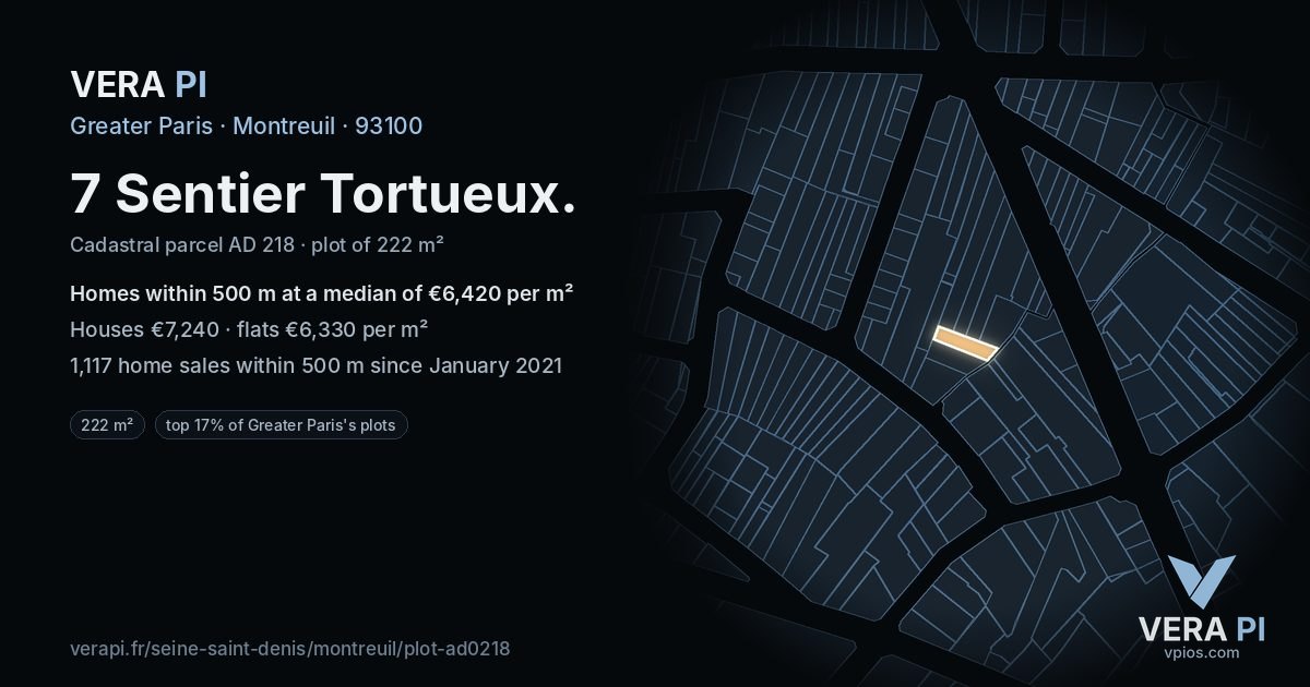 7 Sentier Tortueux, Montreuil at night – the plot lit, the parcels around coloured by the prices near them