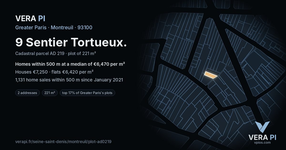 9 Sentier Tortueux, Montreuil at night – the plot lit, the parcels around coloured by the prices near them