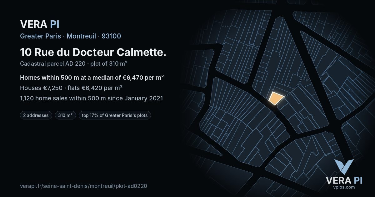 10 Rue du Docteur Calmette, Montreuil at night – the plot lit, the parcels around coloured by the prices near them