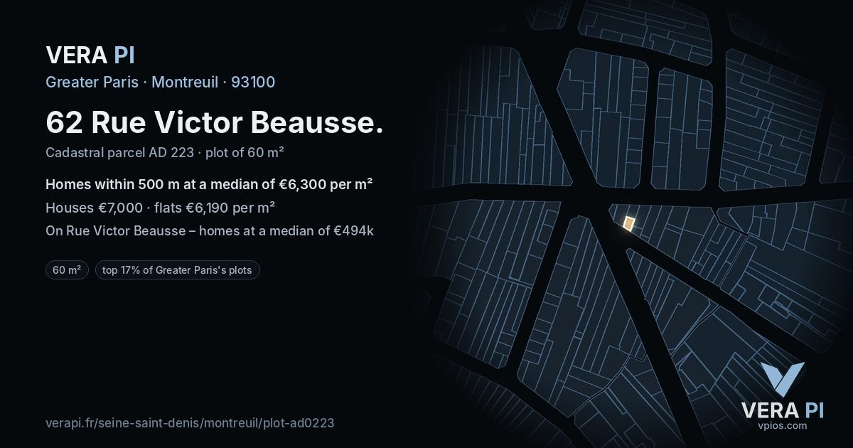 62 Rue Victor Beausse, Montreuil at night – the plot lit, the parcels around coloured by the prices near them