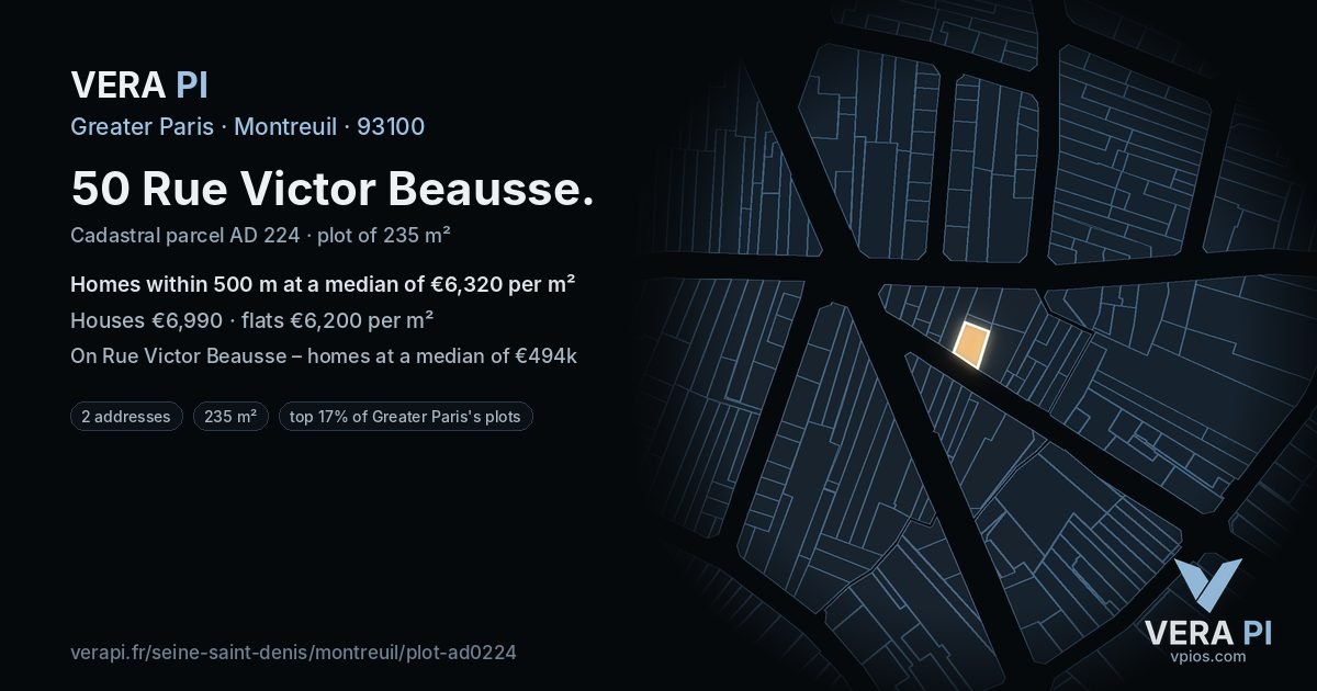 50 Rue Victor Beausse, Montreuil at night – the plot lit, the parcels around coloured by the prices near them