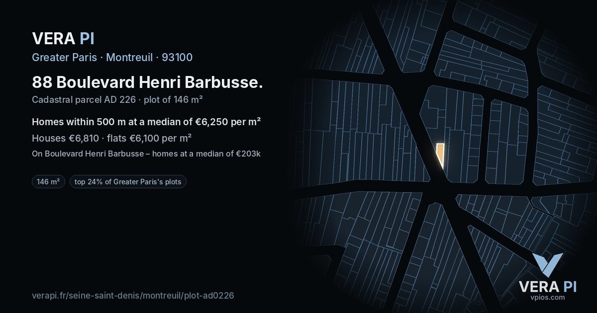 88 Boulevard Henri Barbusse, Montreuil at night – the plot lit, the parcels around coloured by the prices near them