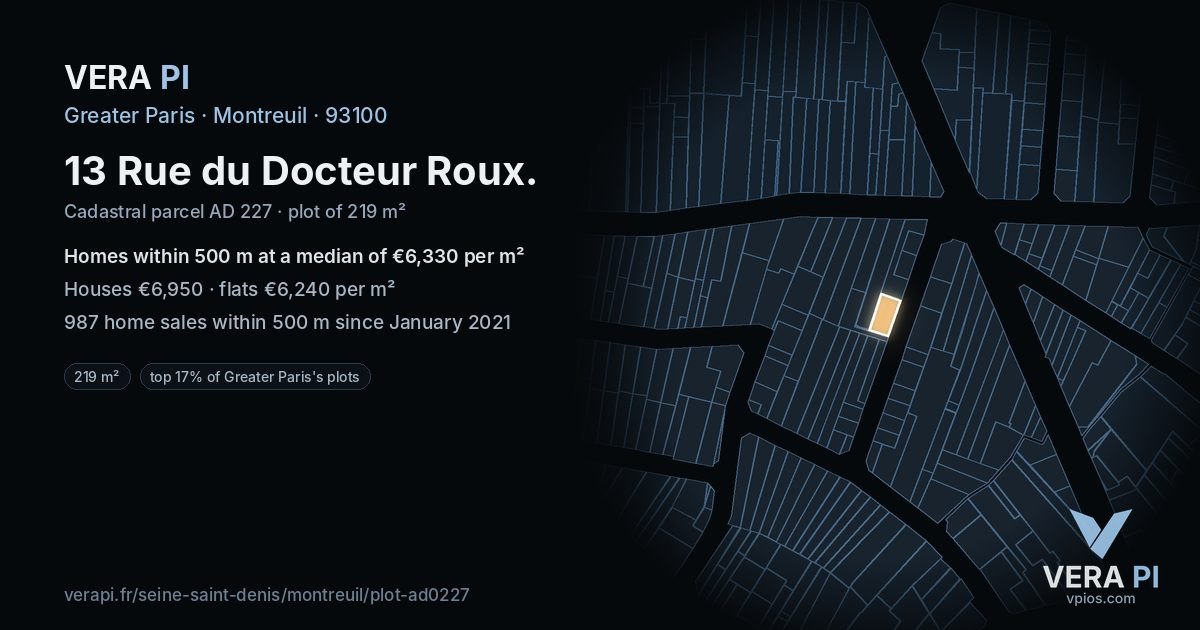 13 Rue du Docteur Roux, Montreuil at night – the plot lit, the parcels around coloured by the prices near them