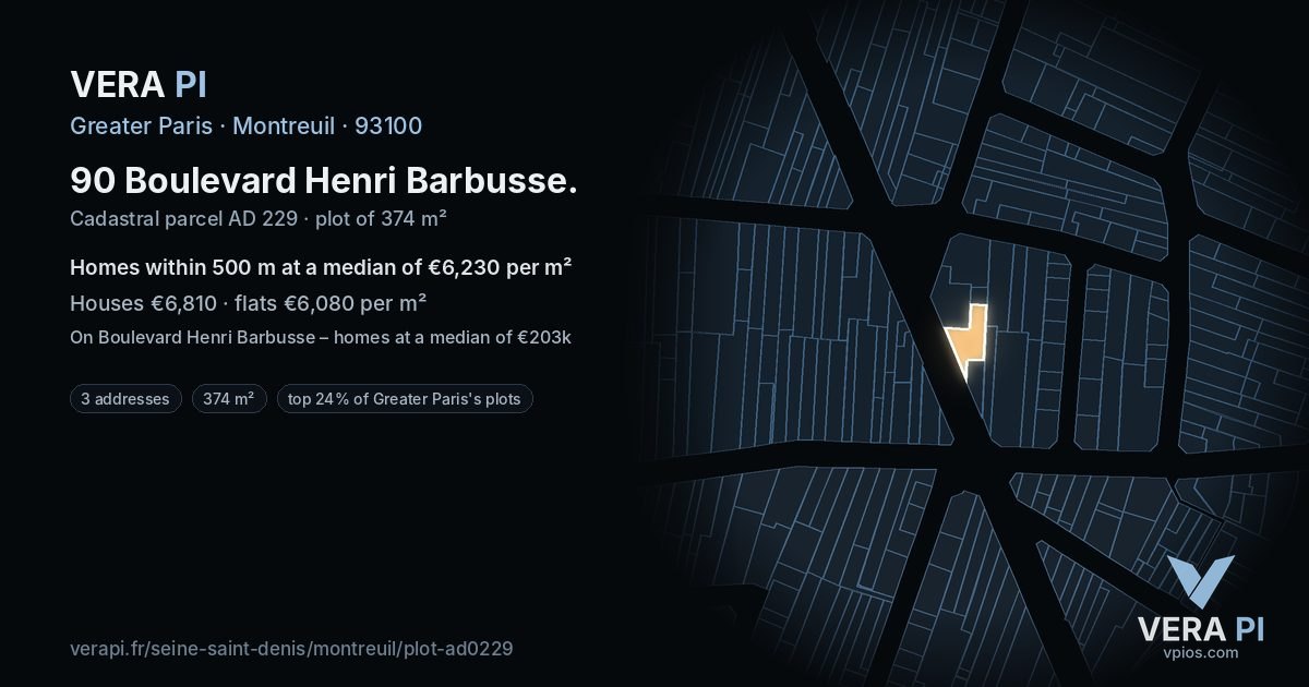 90 Boulevard Henri Barbusse, Montreuil at night – the plot lit, the parcels around coloured by the prices near them