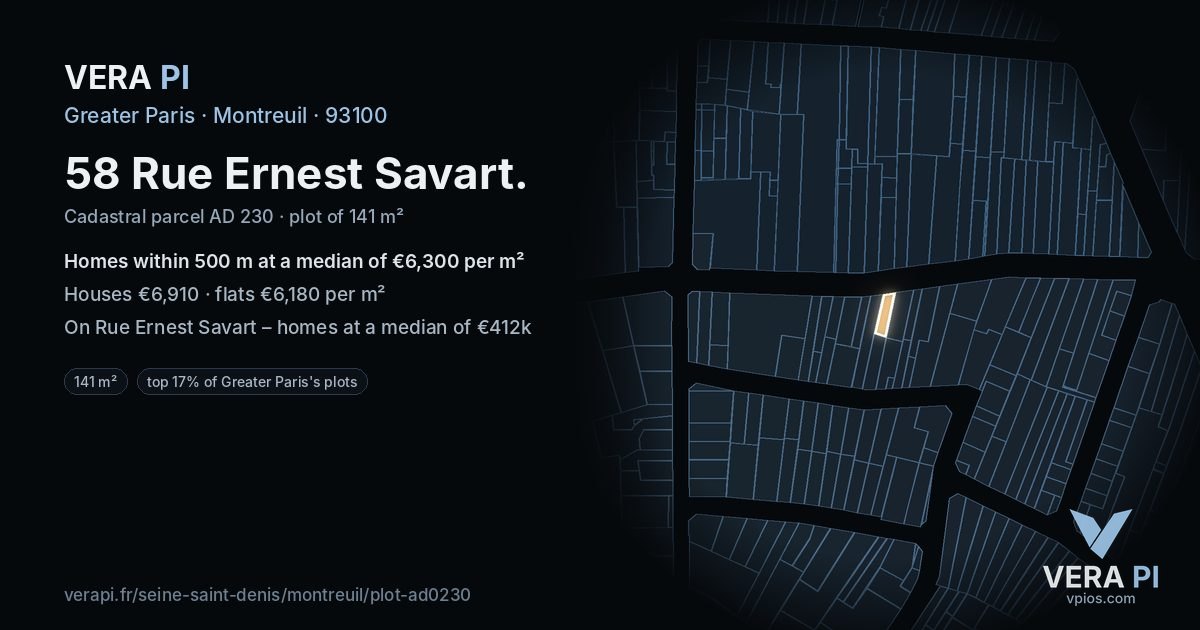 58 Rue Ernest Savart, Montreuil at night – the plot lit, the parcels around coloured by the prices near them