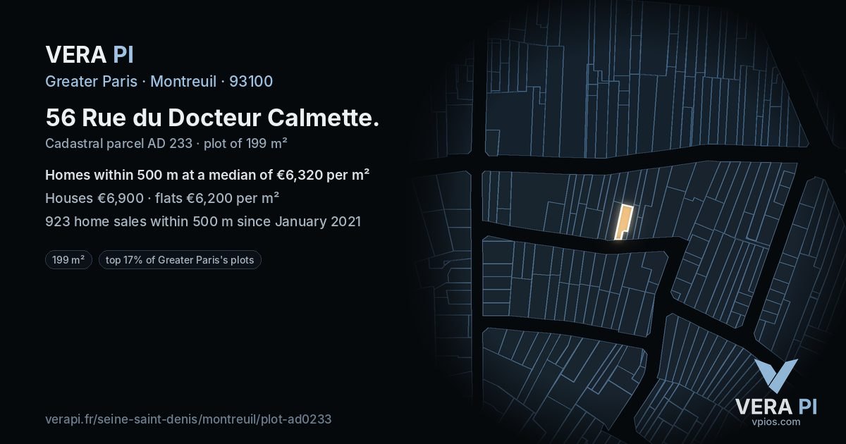 56 Rue du Docteur Calmette, Montreuil at night – the plot lit, the parcels around coloured by the prices near them