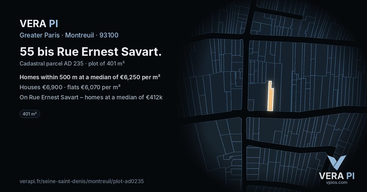 55 bis Rue Ernest Savart, Montreuil at night – the plot lit, the parcels around coloured by the prices near them