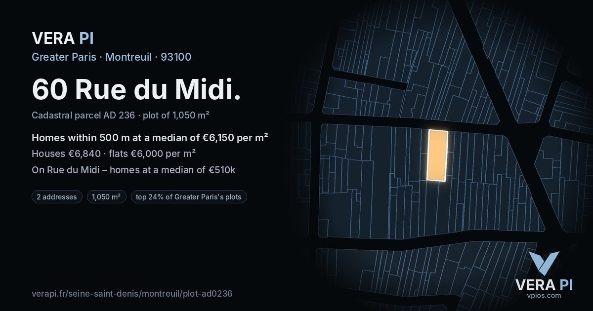 60 Rue du Midi, Montreuil at night – the plot lit, the parcels around coloured by the prices near them
