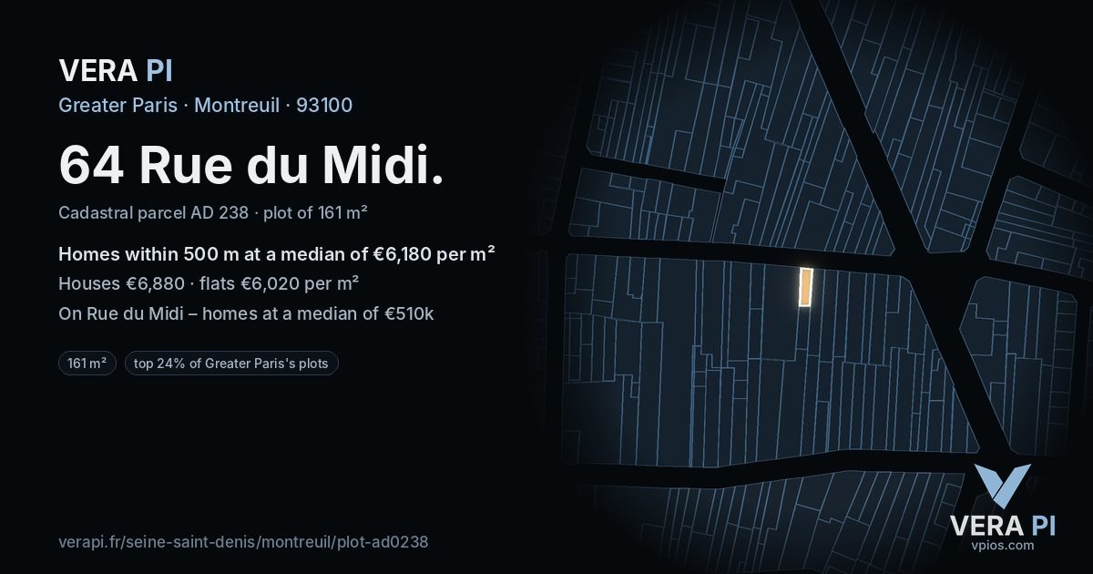 64 Rue du Midi, Montreuil at night – the plot lit, the parcels around coloured by the prices near them