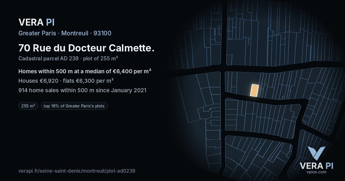 70 Rue du Docteur Calmette, Montreuil at night – the plot lit, the parcels around coloured by the prices near them