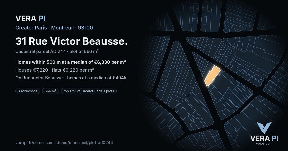 31 Rue Victor Beausse, Montreuil at night – the plot lit, the parcels around coloured by the prices near them