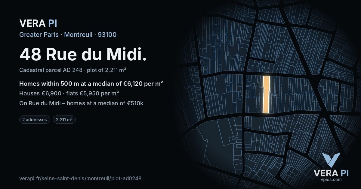 48 Rue du Midi, Montreuil at night – the plot lit, the parcels around coloured by the prices near them