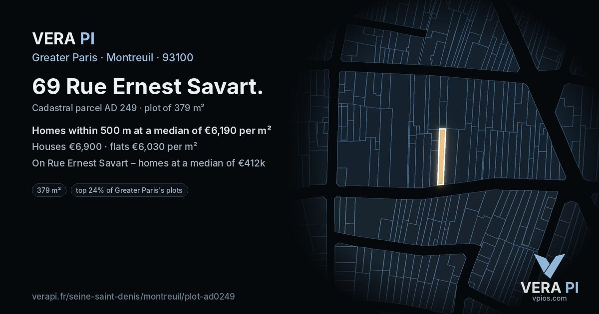 69 Rue Ernest Savart, Montreuil at night – the plot lit, the parcels around coloured by the prices near them