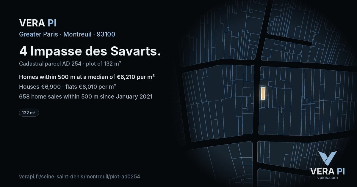4 Impasse des Savarts, Montreuil at night – the plot lit, the parcels around coloured by the prices near them