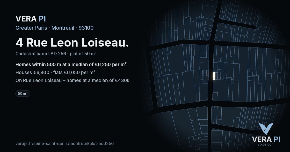 4 Rue Leon Loiseau, Montreuil at night – the plot lit, the parcels around coloured by the prices near them