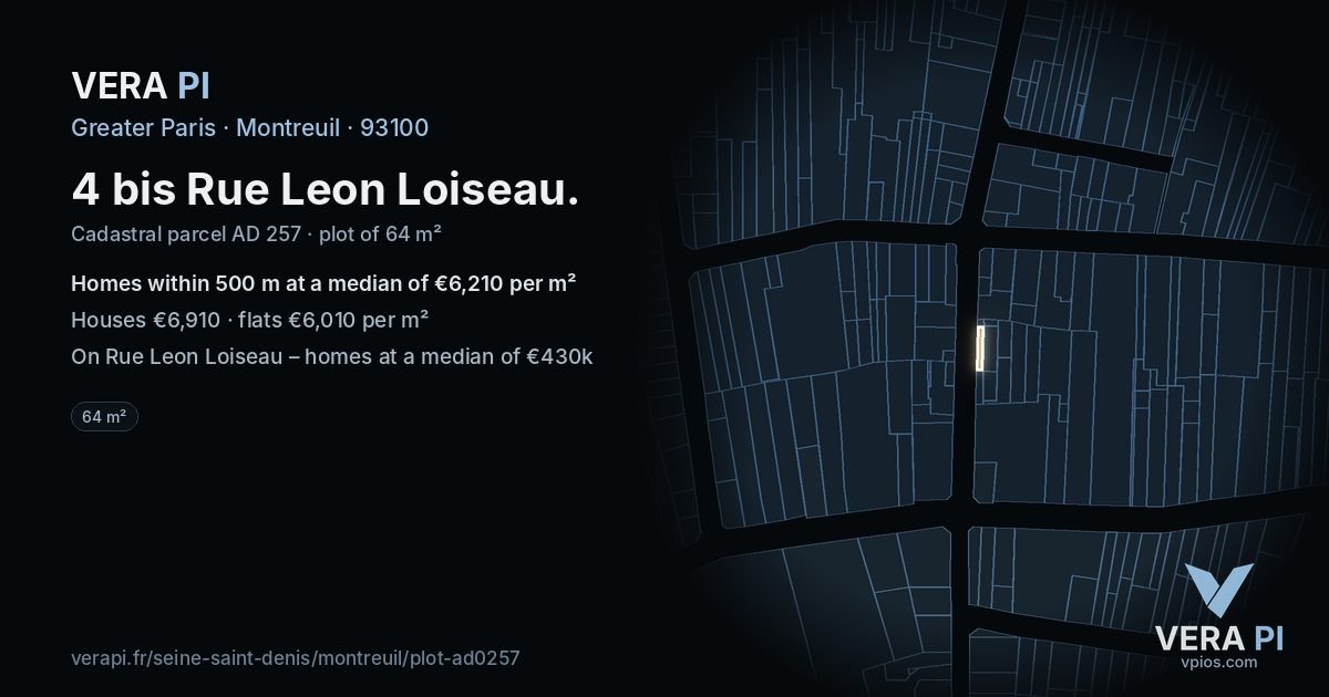 4 bis Rue Leon Loiseau, Montreuil at night – the plot lit, the parcels around coloured by the prices near them