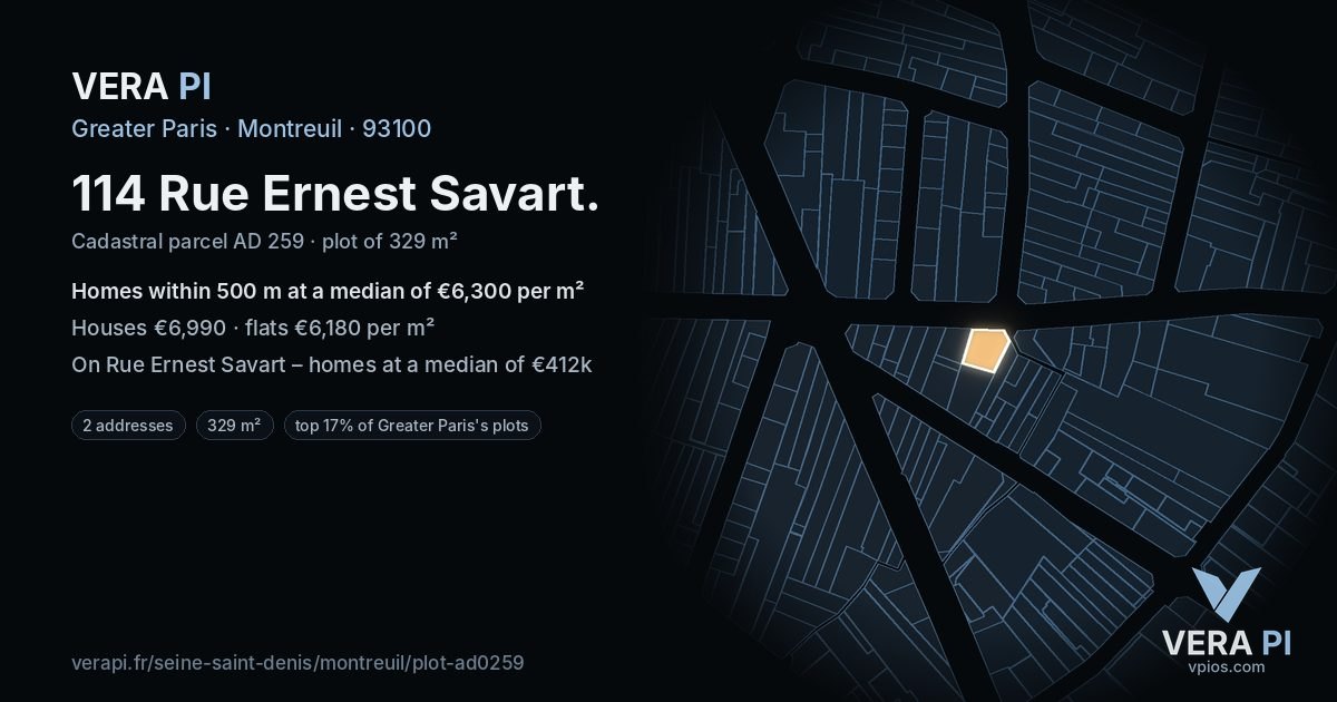 114 Rue Ernest Savart, Montreuil at night – the plot lit, the parcels around coloured by the prices near them
