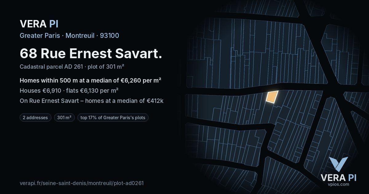 68 Rue Ernest Savart, Montreuil at night – the plot lit, the parcels around coloured by the prices near them