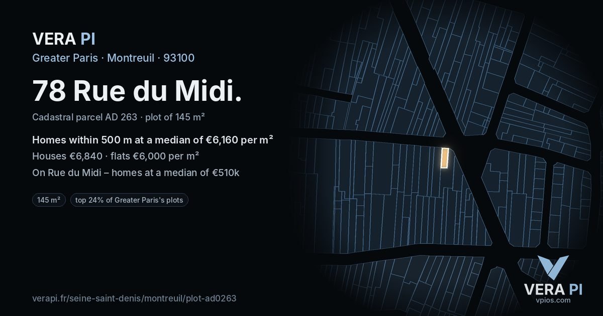 78 Rue du Midi, Montreuil at night – the plot lit, the parcels around coloured by the prices near them