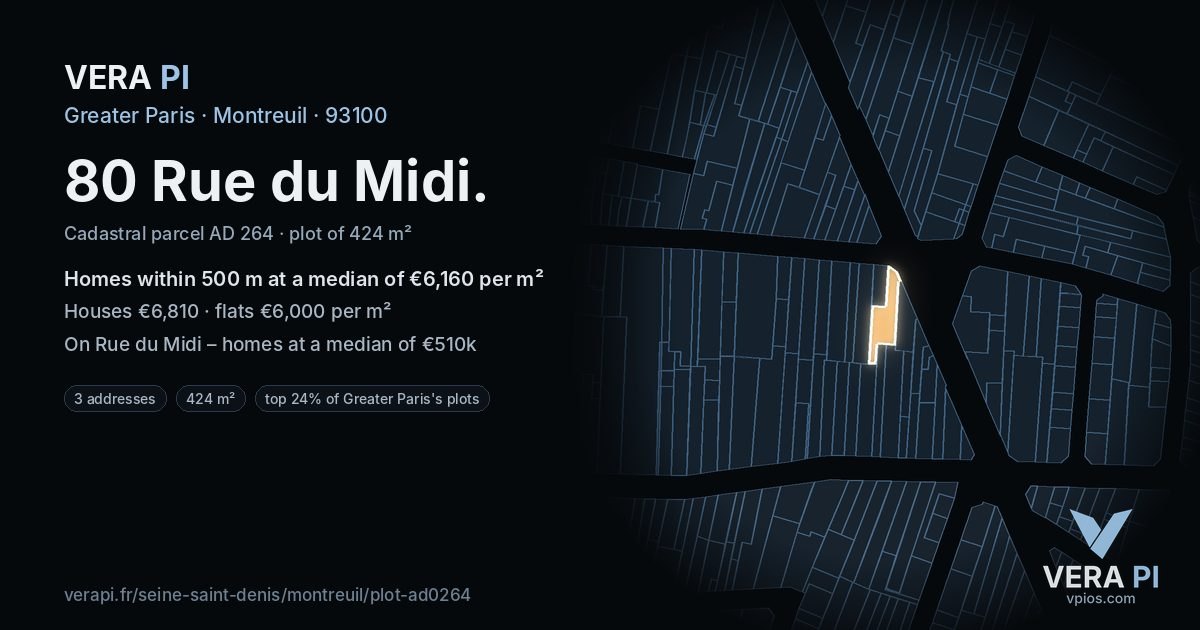 80 Rue du Midi, Montreuil at night – the plot lit, the parcels around coloured by the prices near them