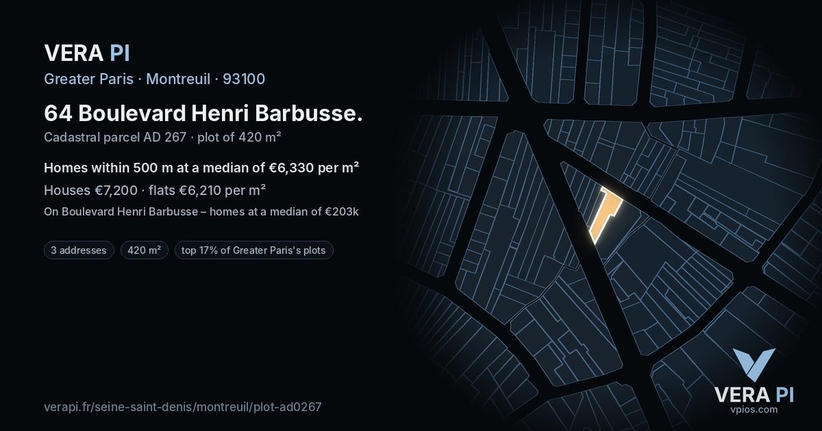 64 Boulevard Henri Barbusse, Montreuil at night – the plot lit, the parcels around coloured by the prices near them