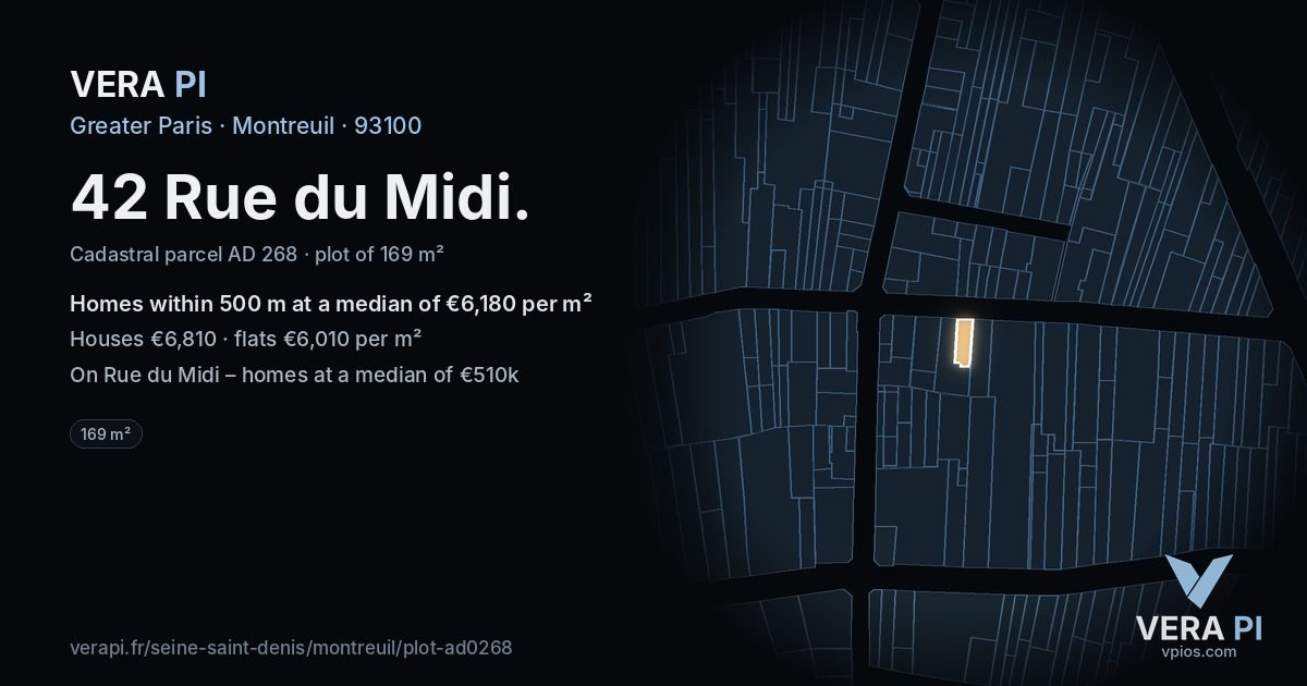 42 Rue du Midi, Montreuil at night – the plot lit, the parcels around coloured by the prices near them