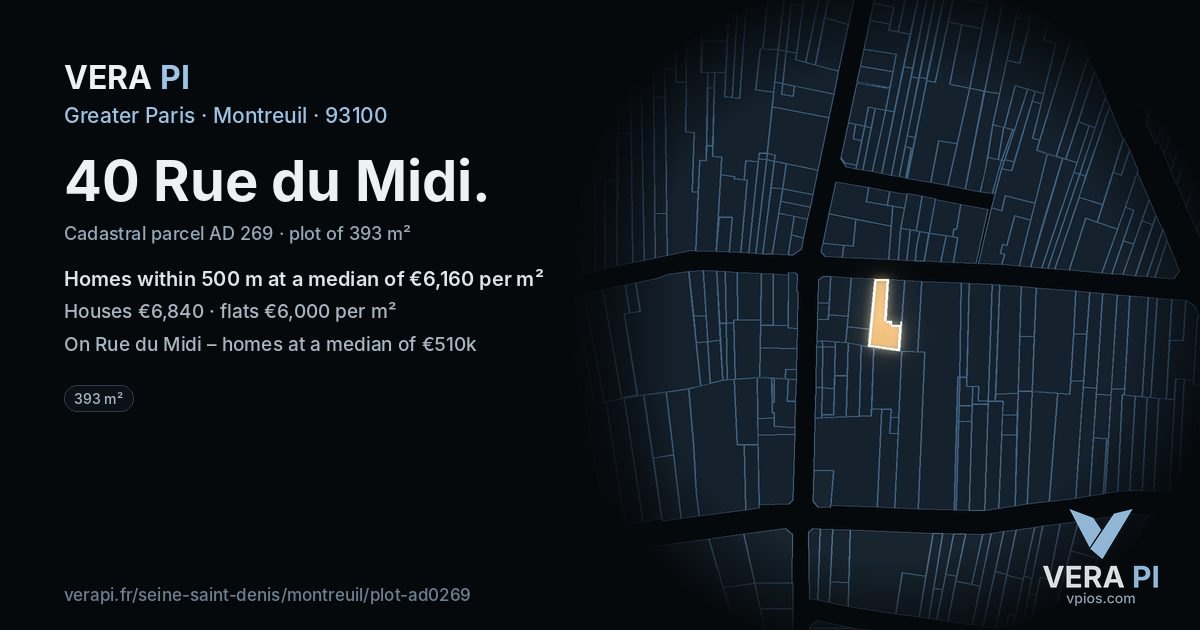 40 Rue du Midi, Montreuil at night – the plot lit, the parcels around coloured by the prices near them