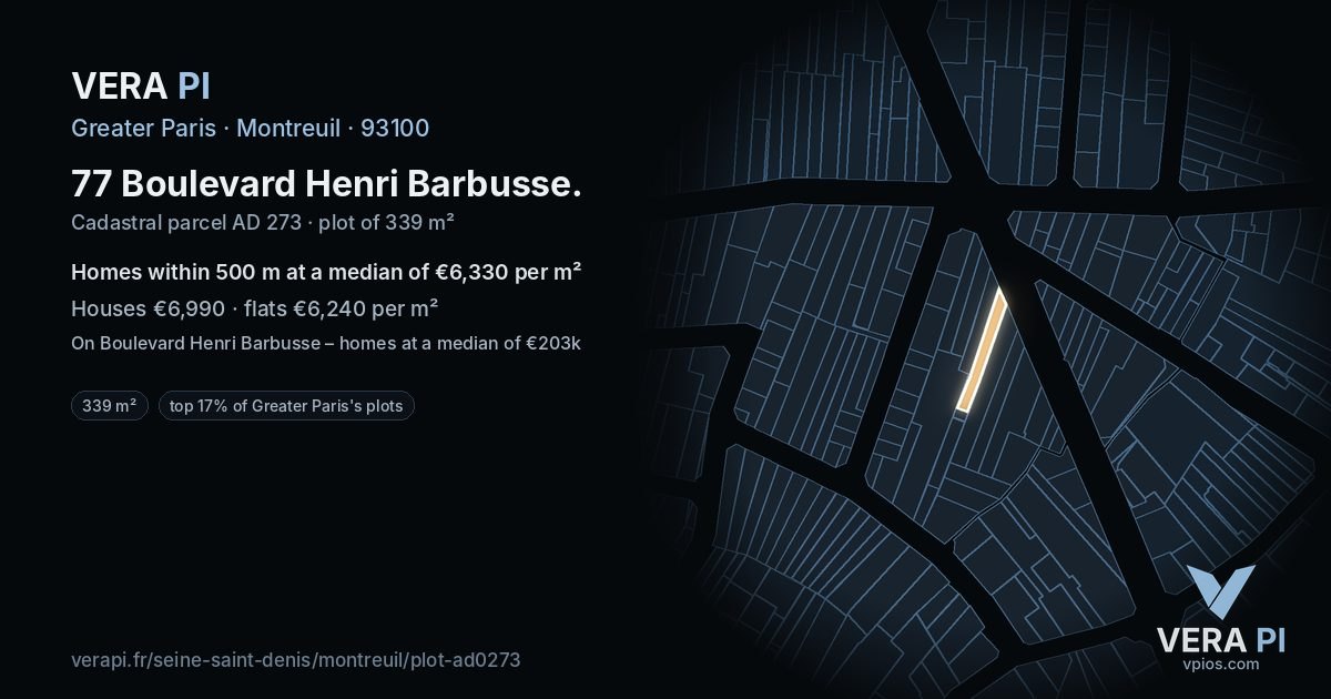 77 Boulevard Henri Barbusse, Montreuil at night – the plot lit, the parcels around coloured by the prices near them