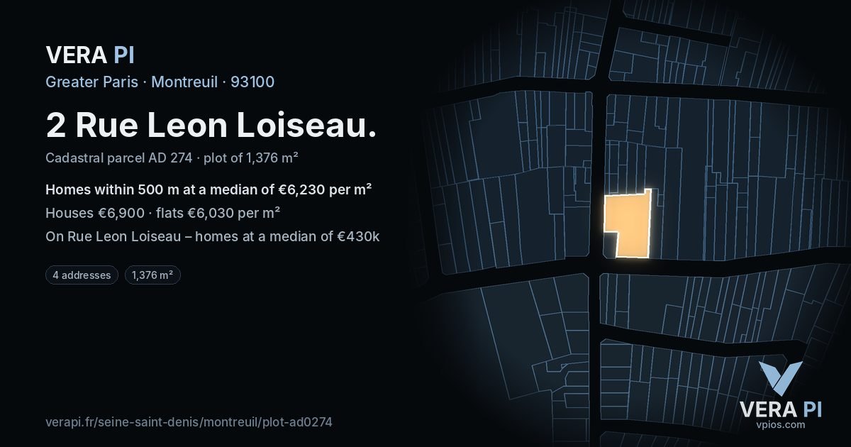 2 Rue Leon Loiseau, Montreuil at night – the plot lit, the parcels around coloured by the prices near them
