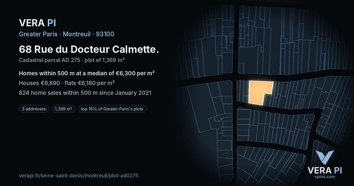 68 Rue du Docteur Calmette, Montreuil at night – the plot lit, the parcels around coloured by the prices near them