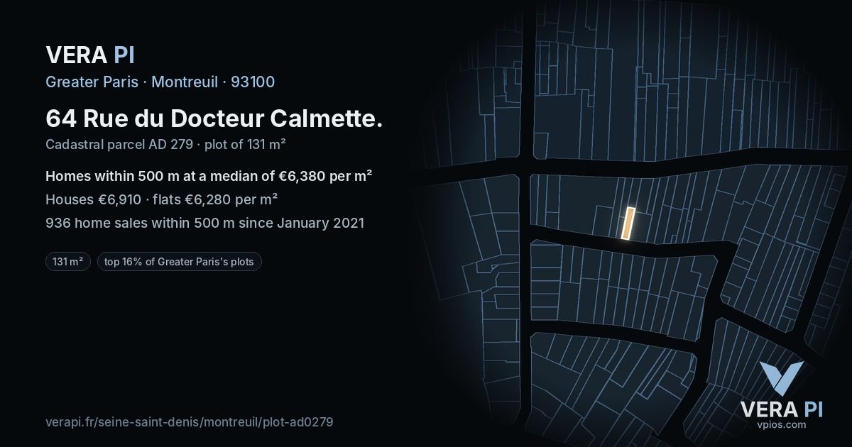 64 Rue du Docteur Calmette, Montreuil at night – the plot lit, the parcels around coloured by the prices near them