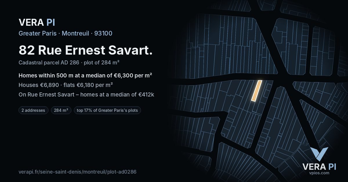 82 Rue Ernest Savart, Montreuil at night – the plot lit, the parcels around coloured by the prices near them