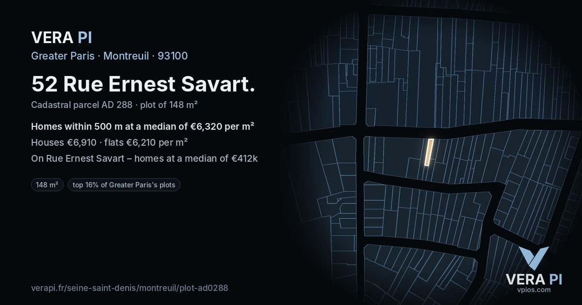 52 Rue Ernest Savart, Montreuil at night – the plot lit, the parcels around coloured by the prices near them