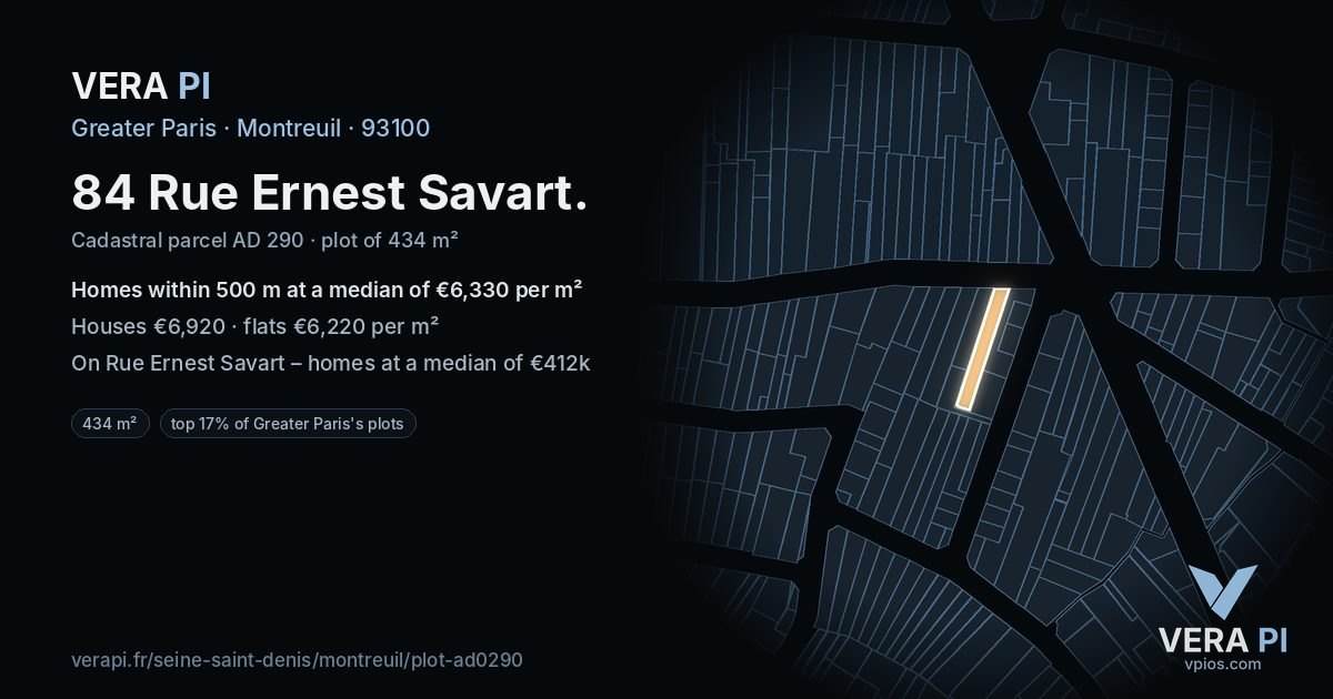 84 Rue Ernest Savart, Montreuil at night – the plot lit, the parcels around coloured by the prices near them