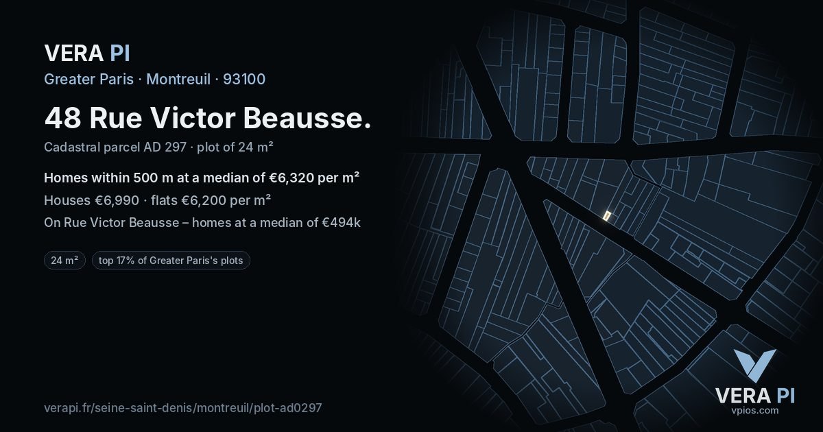 48 Rue Victor Beausse, Montreuil at night – the plot lit, the parcels around coloured by the prices near them