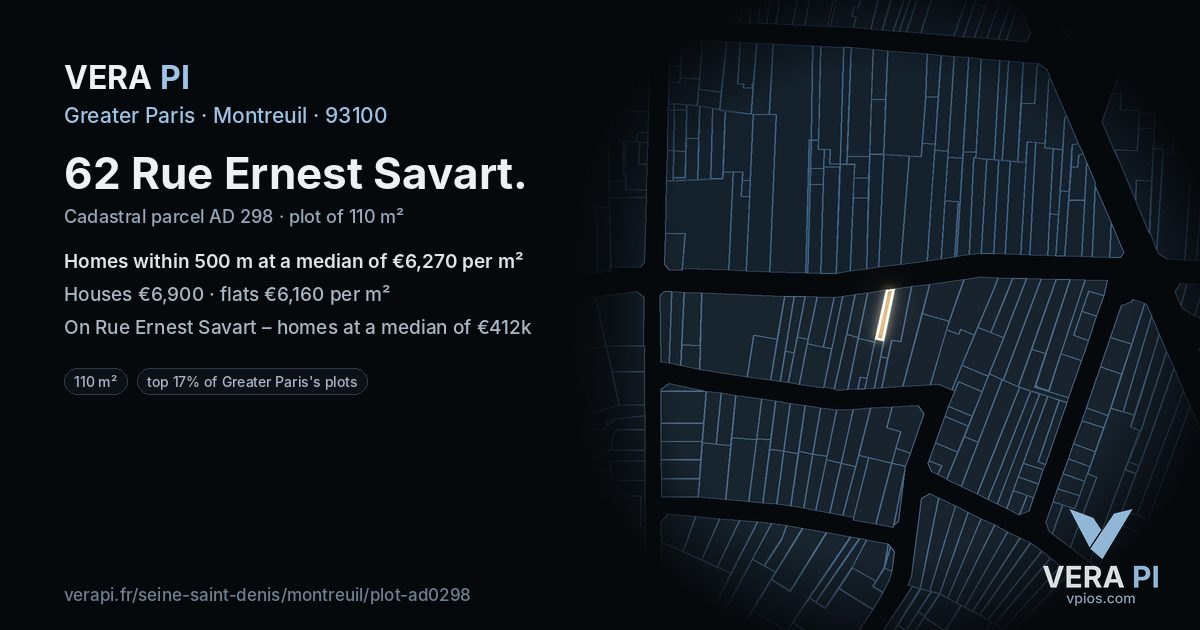 62 Rue Ernest Savart, Montreuil at night – the plot lit, the parcels around coloured by the prices near them